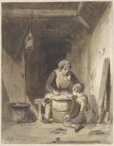 Homme et garçon mangeant dans une grange - Petrus Marius Molijn