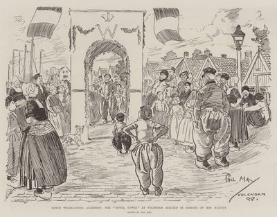 Accession de la reine Wilhelmina, la tour Eiffel à Volendam érigée en l