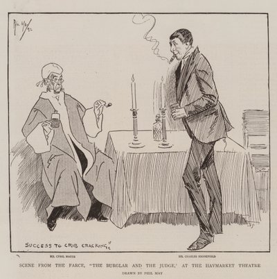 Scène de la farce, Le cambrioleur et le juge, au théâtre Haymarket - Phil May