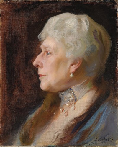 Portrait de la princesse Henry de Battenberg, née princesse Béatrice de Grande-Bretagne, de profil à gauche, portant un collier et des boucles d