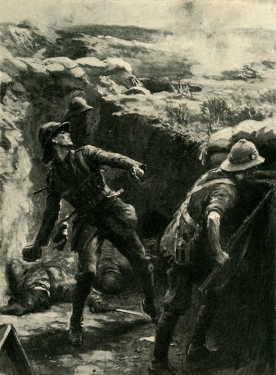 Lieutenant Forshaw lançant des bombes en continu, Gallipoli, Première Guerre mondiale, 1915, vers 1920 - Philip Dadd