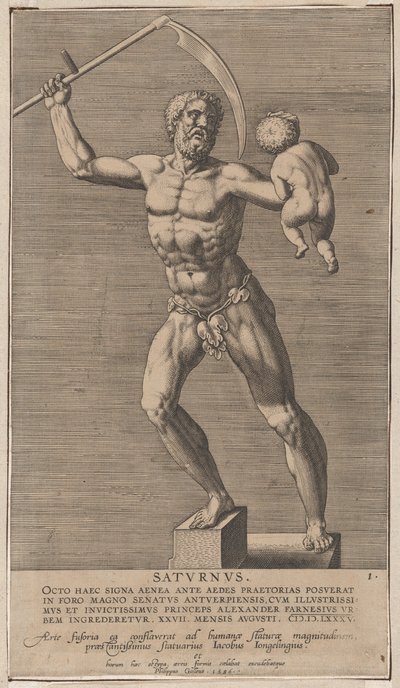 Planche 1 : Saturne, statue du dieu nu debout sur un socle, tenant une faux dans sa main droite, 1586 - Philip Galle