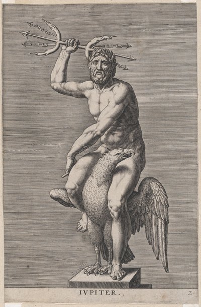Planche 2 : Jupiter, statue du dieu nu assis sur un aigle, tenant un trident double, 1586 - Philip Galle