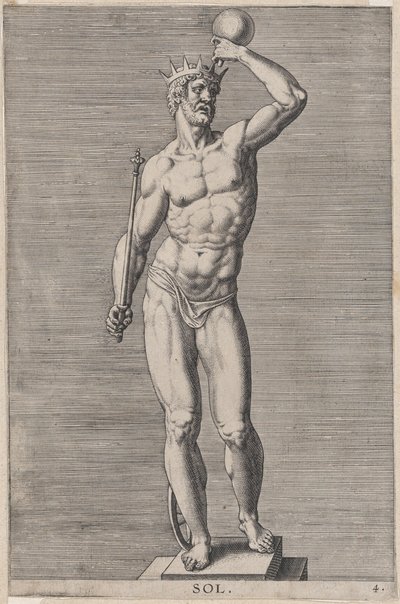 Apollon, statue du dieu nu debout sur un socle, portant une couronne et tenant un..., 1586 - Philip Galle