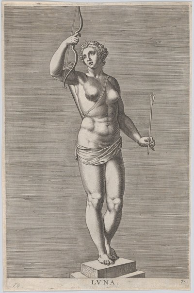 Diane, statue de la déesse nue debout sur un socle, portant un croissant de lune, 1586 - Philip Galle