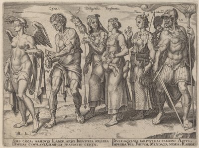 Fortuna, Labor, Diligantia, Parsimonia, Fraus (Façons honnêtes et malhonnêtes de devenir riche) - Philip Galle, after Maerten van Heemskerck