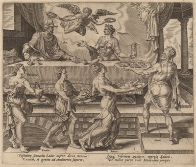 Le Travail et la Diligence profitant de leur repas simple - Philip Galle after Maerten van Heemskerck