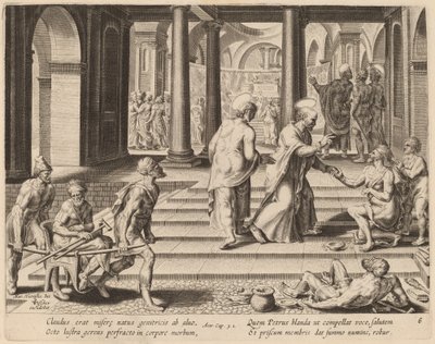 Saint Pierre et Jean guérissent un infirme à la porte du Temple - Philip Galle after Maerten van Heemskerck