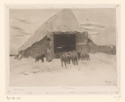 Berger menant un troupeau de moutons dans une grange (Grange dans la neige) - Philip Zilcken (signed by artist)