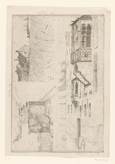 Champ de blé avec maisons et deux vues sur des maisons en ville - Philip Zilcken (signed by artist)