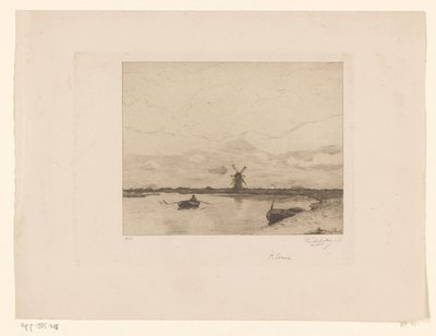 Canal avec barque dans un paysage de prairie avec moulin - Philip Zilcken (signed by artist)