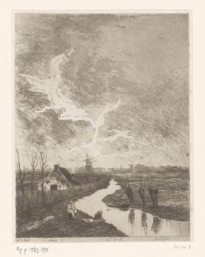 Paysage de prairie avec fossé, ferme et moulins (Environs de La Haye) - Philip Zilcken (signed by artist)
