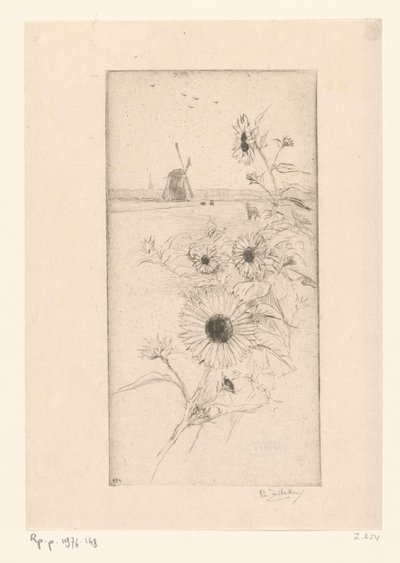 Tournesols devant un paysage de prairie avec chevaux et moulin - Philip Zilcken (signed by artist)