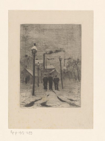 Trois ouvriers marchant dans une rue de village enneigée - Philip Zilcken