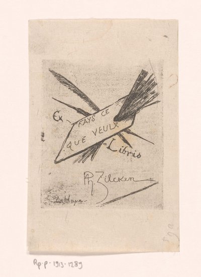 Ex libris avec plumes, pinceaux et palette - Philip Zilcken