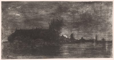 Paysage avec maisons et moulin au bord de l