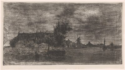 Paysage avec maisons et moulin au bord de l