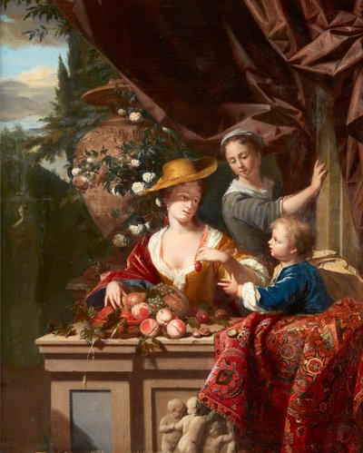 Figures élégantes sur une terrasse avec bol de fruits assortis - Philip van Dyck
