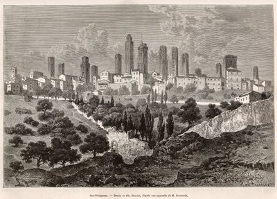 Vue de San Gimignano (Toscane, Italie). Gravure d