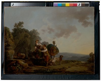 Voyageurs avec des chiens et des mules lourdement chargées à un puits - Philippe Jacques de Loutherbourg