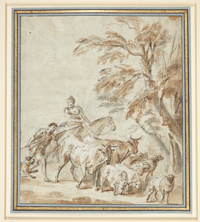 Bergers avec vaches et moutons. À gauche, un berger avec un bâton, à côté de lui un berger à cheval. À droite, des arbres - Philippe Louis Parizeau