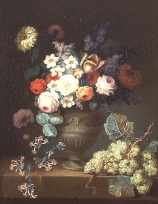 Nature morte de fleurs dans un vase classique avec une grappe de raisins - Philippe Parpette