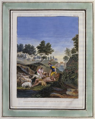 Daphnis et Chloe délivrent Dorcon de leurs chiens (Illustration de Les Amours pastorales de Daphnis et Chloe) - Philippe d