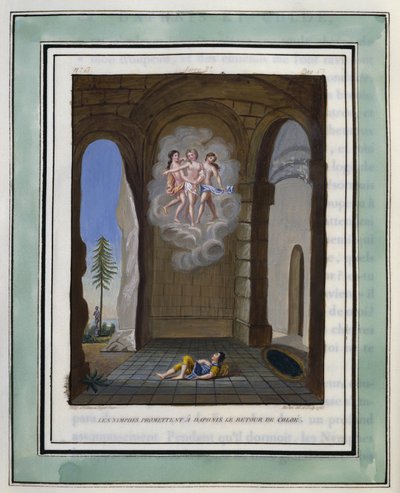 Les nymphes promettent à Daphnis le retour de Chloé. Dessin de Philippe d