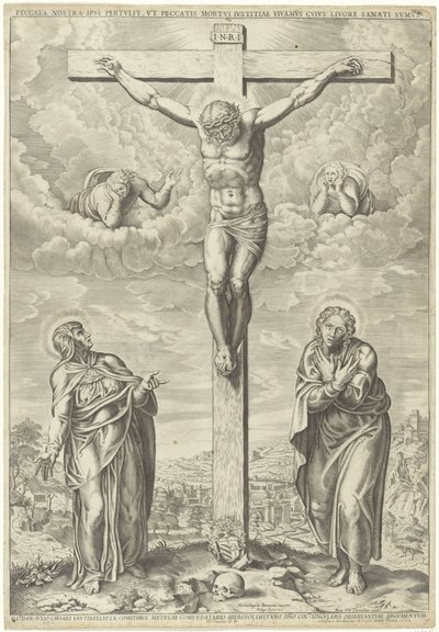Christ en croix flanqué de Marie et Jean dans un paysage - Philippe de Soye