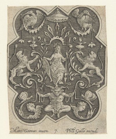 Gehelmde vrouw met schild en speer - Philips Galle