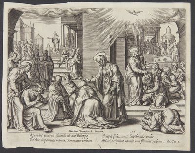Saint Pierre, Saint Jean et Saint Philippe imposant les mains aux baptisés à Samarie - Philips Galle