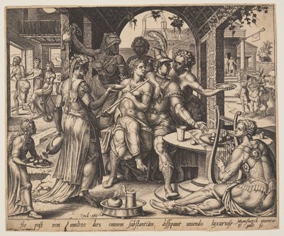 Le fils prodigue dilapide son héritage en se prostituant, extrait de la parabole du fils prodigue - Philips Galle