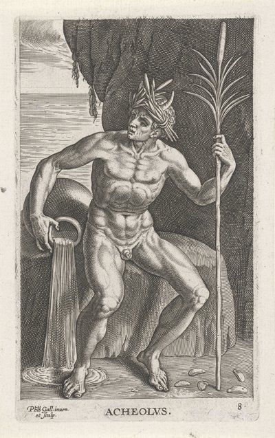 Dieu de la mer Achéloos (Rivier- en zeegoden) - Philips Galle