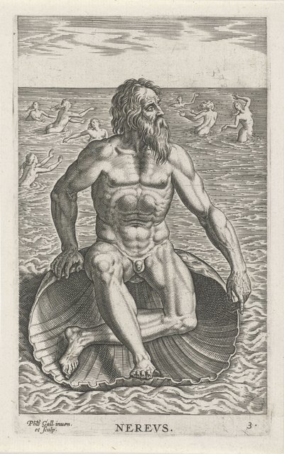 Dieu de la mer Nérée (Rivier- en zeegoden, Semideorum Marinorum amnicorumque sigillariae imagines perelegantes) - Philips Galle