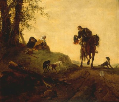 Paysage avec un cavalier et deux personnes assises au bord du chemin - Philips Wouwerman