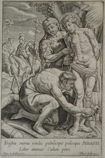 Saint Sébastien est attaché à un arbre par deux soldats - Philips van Mallery