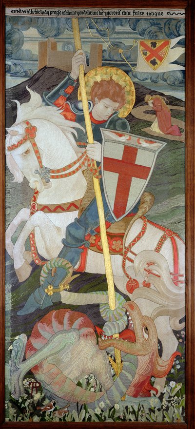 Saint Georges tuant le dragon, avec Una priant en arrière-plan, 1904 (broderie) - Phoebe Anna Traquair