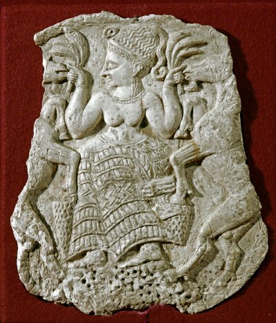 Art phénicien : couvercle de pyxide sculpté en ivoire, représentant une déesse de la fertilité mycénienne nourrissant des chèvres - Phoenician