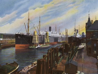 Hambourg : Dans le port, navire à vapeur déchargeant des céréales - Photographer German
