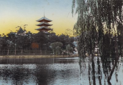 Japon, vers 1912 : Vue de la pagode à Nara depuis l