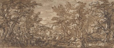 Scène de forêt, une halte à gauche, une chasse au centre - Pier Francesco Mola