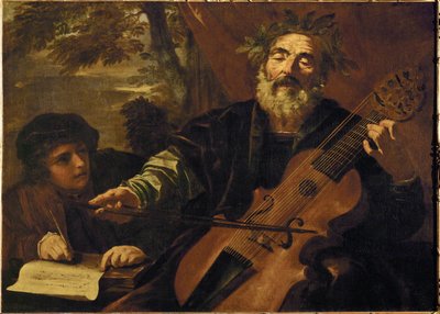 Le poète Homère, avec une lyre de gambe, instrument utilisé pour accompagner les ballades dans le (peinture sur toile) - Pier Francesco Mola