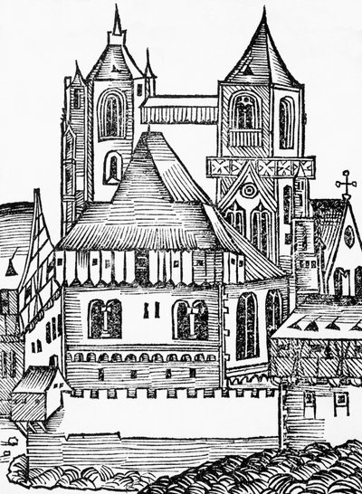 Abbaye de Montecassino, gravure allemande, tirée de la Chronique de Nuremberg (Liber Chronicarum) par Hartmann Schedel - Blaise Nicolas Le Sueur