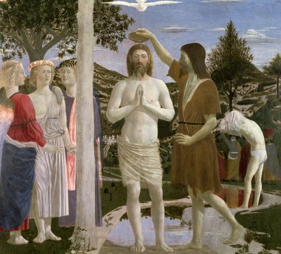 Baptême du Christ (détail du Christ, de Jean-Baptiste et des anges, 1450) - Piero della Francesca