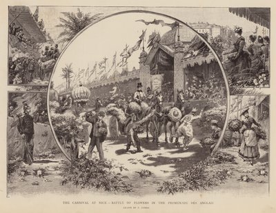 Le carnaval de Nice, bataille de fleurs sur la Promenade des Anglais (gravure) - Pierra Comba