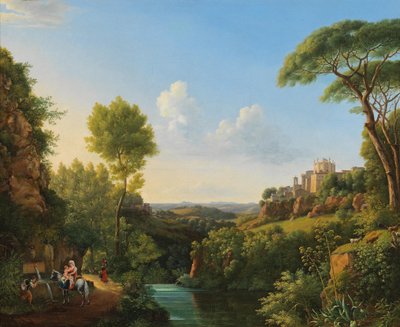 Paysage italien avec des voyageurs près d