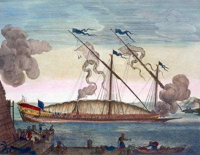Une galère royale (espagnole ou portugaise) ramée par des esclaves, tirant un signal, de 