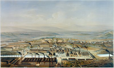 Vue des ateliers du Creusot et du Château de la Verrerie, lithographie d