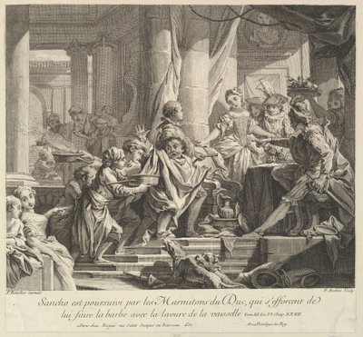 Sancho poursuivi par les garçons de cuisine du duc, XVIIIe siècle - Pierre Alexandre Aveline