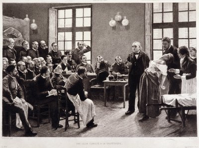 Une leçon clinique par le Dr Charcot à la Salpêtrière en 1887. Étudiants du département du professeur Jean Martin Charcot qui explique le cas de Blanche Wittman, sa patiente et cobaye préférée pour ses recherches sur l